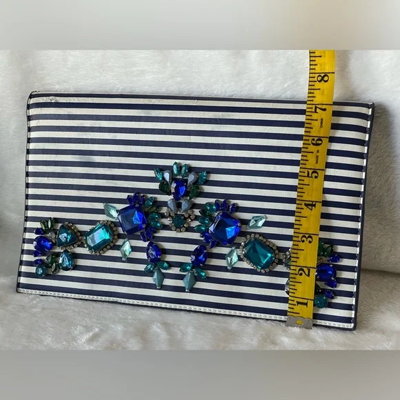 Express Bejeweled Blue and White Stripe Envelope Clutch Bag - Picture 12 of 12